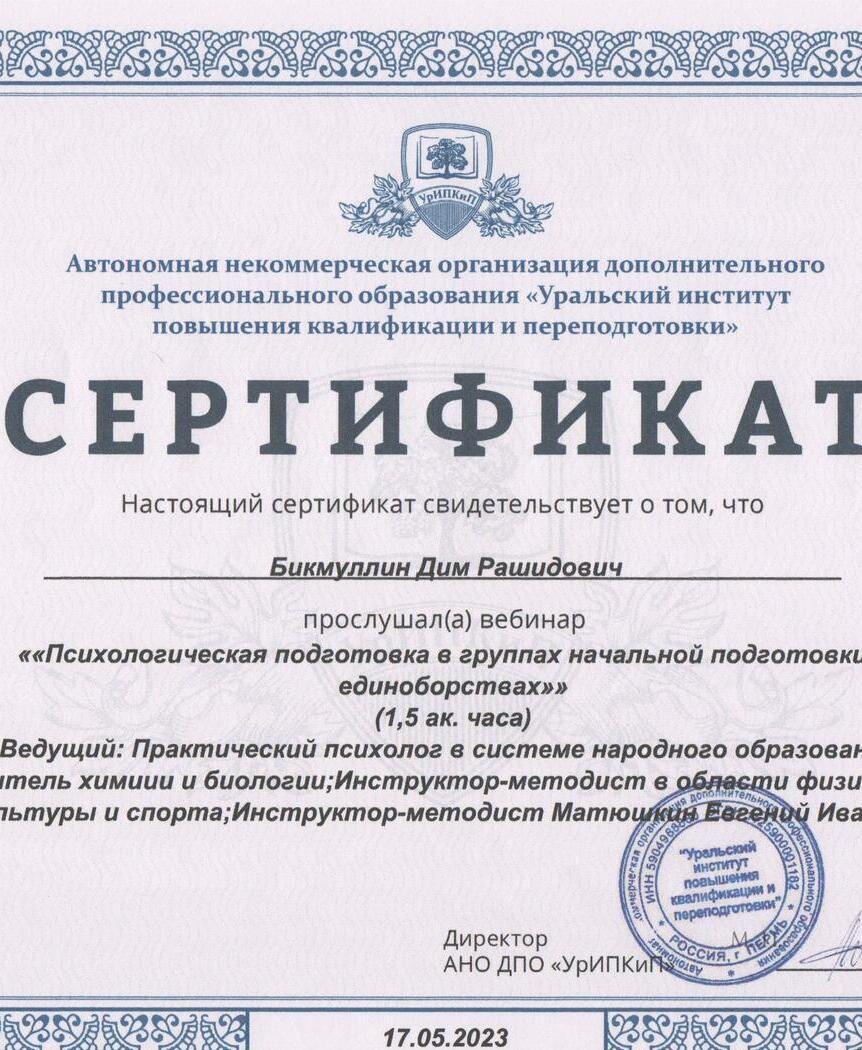 Сертификат / СКС-СНЕГИРИ Бикмуллин Дим Рашидович