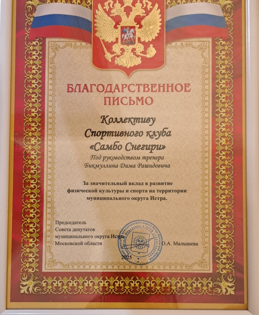 благодарственное письмо тренеру Бикмуллину ДР благодарность Самбо Снегири